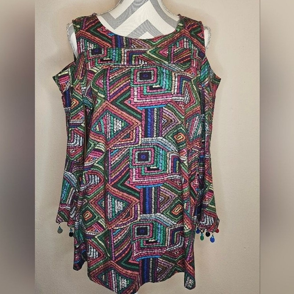 Soft Surroundings Rocco Branco Pom Pom Tunic Boho Cold Shoulder Geometric Medium